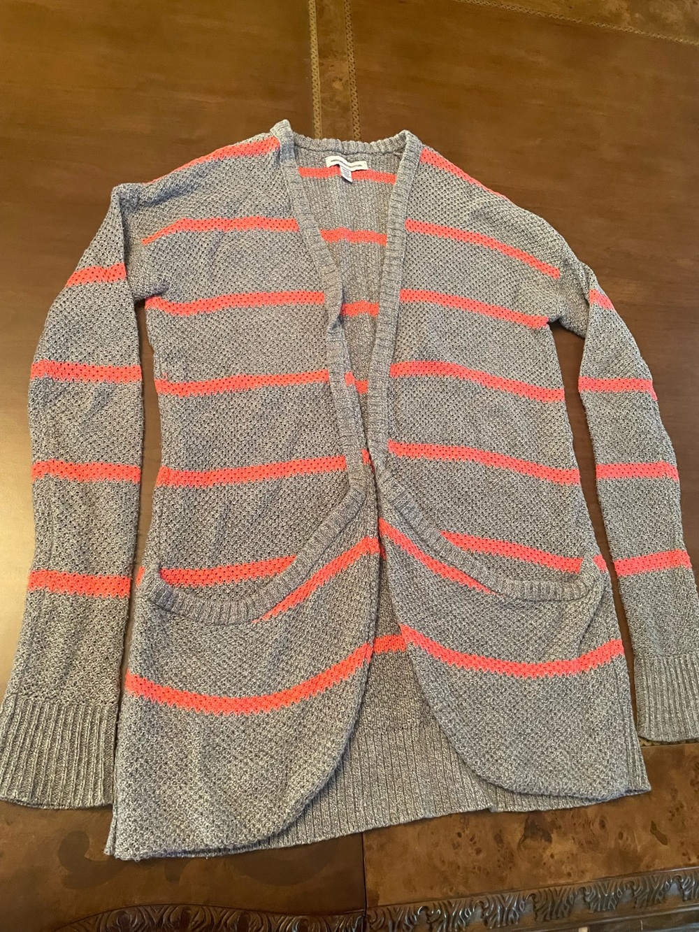 Gray and Coral Striped Open-Front girls Cardigan Sweater